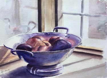 Painting titled "Peach Bowl by the W…" by Horacio Cobas, Original Artwork, Watercolor