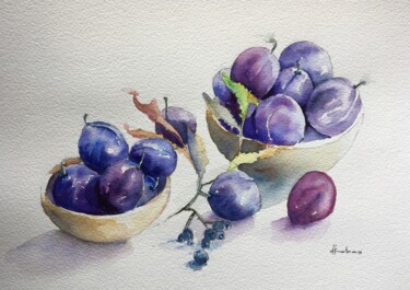 Painting titled "Prunes" by Horacio Cobas, Original Artwork, Watercolor