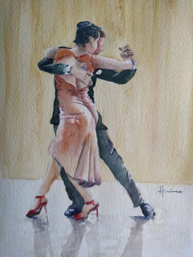 Painting titled "Tango Lovers" by Horacio Cobas, Original Artwork, Watercolor