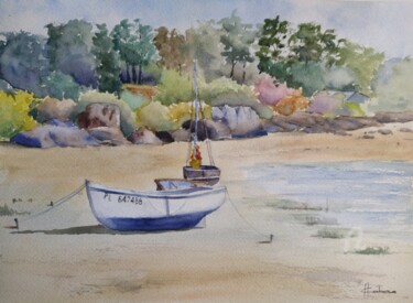Painting titled "Sailboat on the Bea…" by Horacio Cobas, Original Artwork, Watercolor
