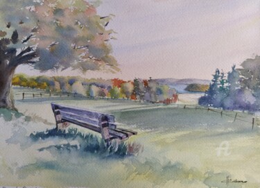 Painting titled "Bench Outdoors" by Horacio Cobas, Original Artwork, Watercolor