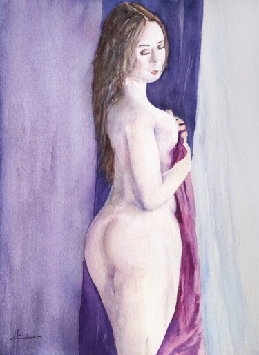 Painting titled "Asian Nude by the W…" by Horacio Cobas, Original Artwork, Watercolor