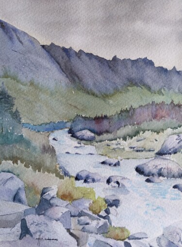 Painting titled "Trail to Huemul Gla…" by Horacio Cobas, Original Artwork, Watercolor