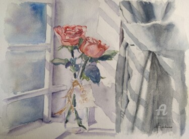Painting titled "Red Roses by the Wi…" by Horacio Cobas, Original Artwork, Watercolor