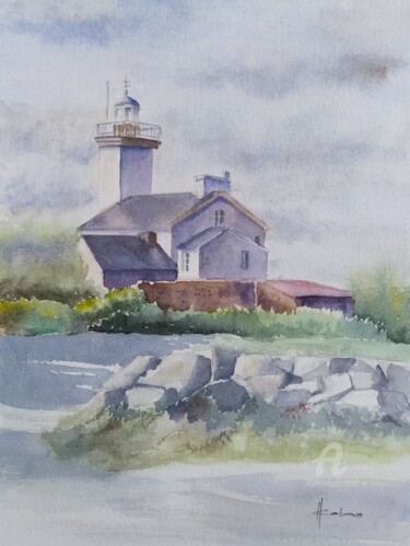 Painting titled "Lighthouse in Brita…" by Horacio Cobas, Original Artwork, Watercolor