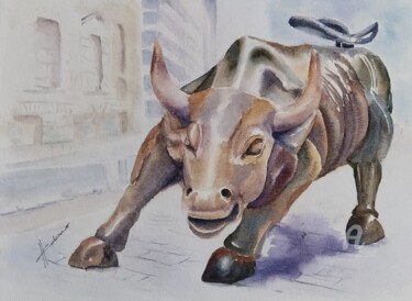 Painting titled "Wall Street Bull" by Horacio Cobas, Original Artwork, Watercolor