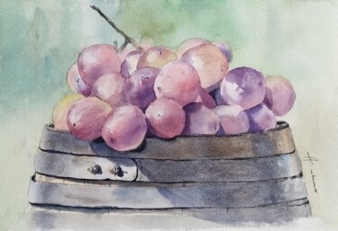 Painting titled "Grapes and Barrel" by Horacio Cobas, Original Artwork, Watercolor