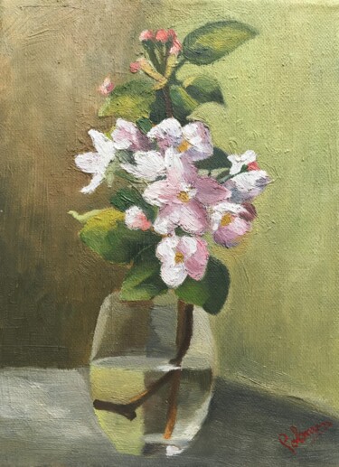 Painting titled "Apple tree flowers" by Horia Solomon, Original Artwork, Oil