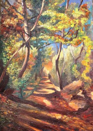 Painting titled "Path in the forest" by Horia Solomon, Original Artwork, Oil