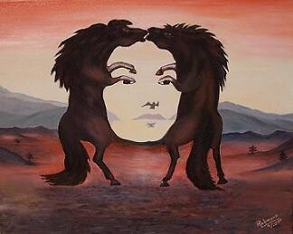 Malerei mit dem Titel "Kämpfende Wildpferde" von Horst Rehmann, Original-Kunstwerk, Öl
