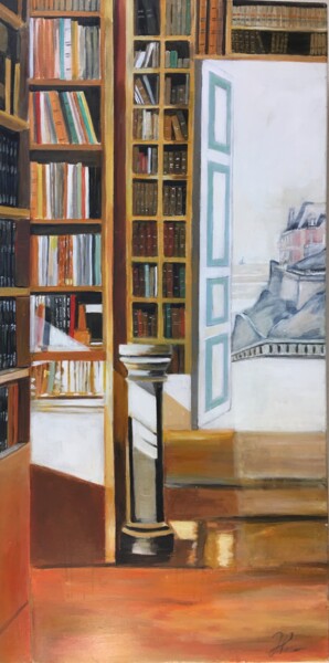 Painting titled "Bibliothèque et Vil…" by Hortense Fortin, Original Artwork, Acrylic Mounted on Wood Stretcher frame