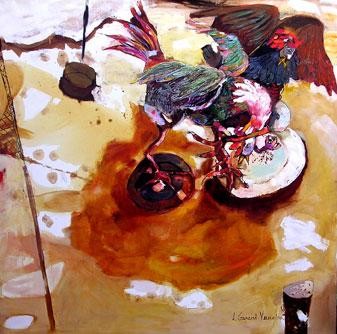 Peinture intitulée "Combat de coqs" par Hortense Garand Vernaison, Œuvre d'art originale