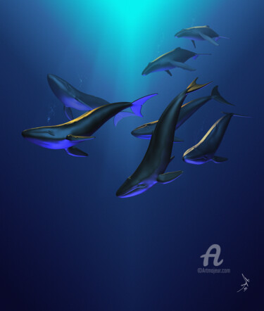Digital Arts titled "Les Baleines" by Hosni Gharbi, Original Artwork, Digital Painting