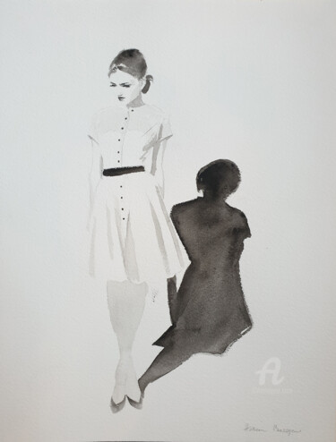 Malerei mit dem Titel "La petite robe blan…" von Hossein Borojeni, Original-Kunstwerk, Aquarell