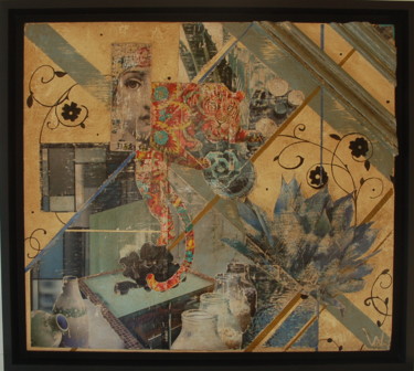 Collages getiteld "Bleu Note" door Ecw, Origineel Kunstwerk, Collages Gemonteerd op Frame voor houten brancard