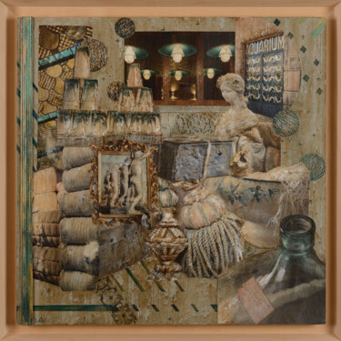 Collages getiteld "BLEU AQUARIUM" door Ecw, Origineel Kunstwerk, Collages Gemonteerd op Frame voor houten brancard