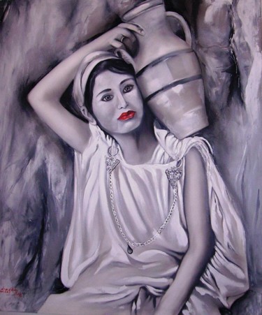 Painting titled "jeune fille bedouine" by Houda Bougadouha, Original Artwork, Oil