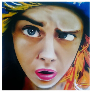 Painting titled ""Cara" spray paint…" by Hoz, Original Artwork, Spray paint Mounted on Wood Stretcher frame