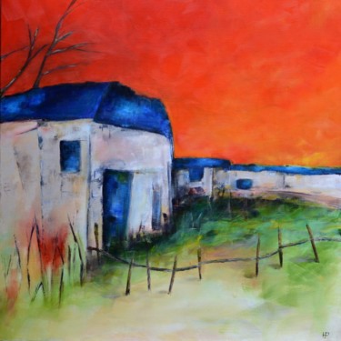Painting titled "Red sky" by Hanneke Pereboom, Original Artwork, Oil Mounted on Wood Stretcher frame
