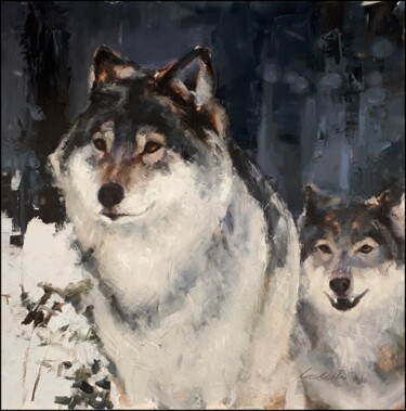 Painting titled "Wolf team" by Kazimierz Mordarski, Original Artwork, Oil
