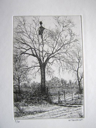 Gravures & estampes intitulée "L'épouvantail dans…" par Henry-Pierre Troussicot, Œuvre d'art originale, Eau-forte