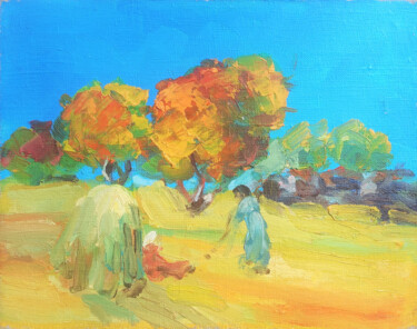 Painting titled "Golden Harvest" by Hrach Baghdasaryan, Original Artwork, Oil Mounted on Wood Stretcher frame