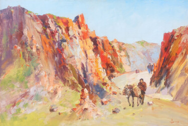 Painting titled "Path Among the Rocky" by Hrach Baghdasaryan, Original Artwork, Oil Mounted on Wood Stretcher frame
