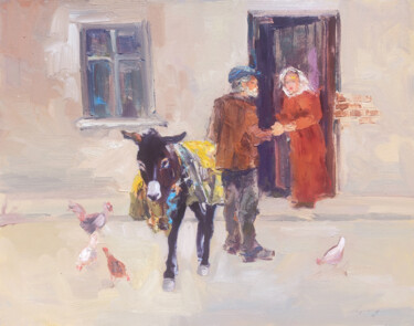 Painting titled "Countryside Encount…" by Hrach Baghdasaryan, Original Artwork, Oil Mounted on Wood Stretcher frame