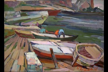 Painting titled "Black Sea, Boats" by Hrant Stepanyan, Original Artwork