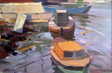 Painting titled "A Seaport in Latvia" by Hrant Stepanyan, Original Artwork, Oil
