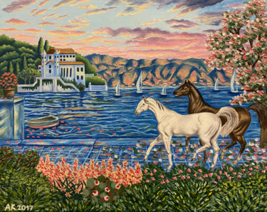 Malarstwo zatytułowany „Couple of Horses in…” autorstwa Anastasia Kurganova, Oryginalna praca, Olej