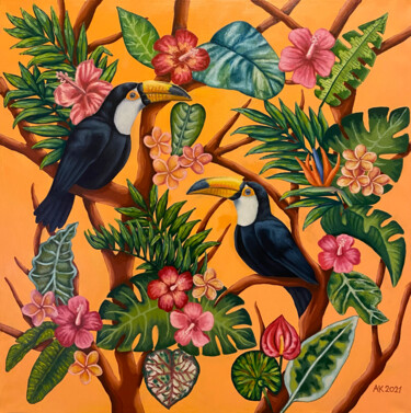 Pintura intitulada "Bird's Couple" por Anastasia Kurganova, Obras de arte originais, Óleo