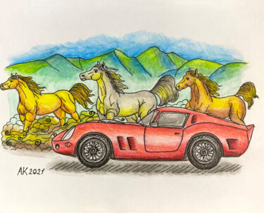 Dessin intitulée "Car & Horses" par Anastasia Kurganova, Œuvre d'art originale, Aquarelle