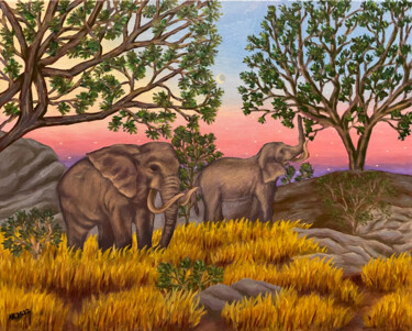 Painting titled "Evening in Africa" by Anastasia Kurganova, Original Artwork, Oil