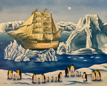 Pittura intitolato "Penguin's World" da Anastasia Kurganova, Opera d'arte originale, Olio