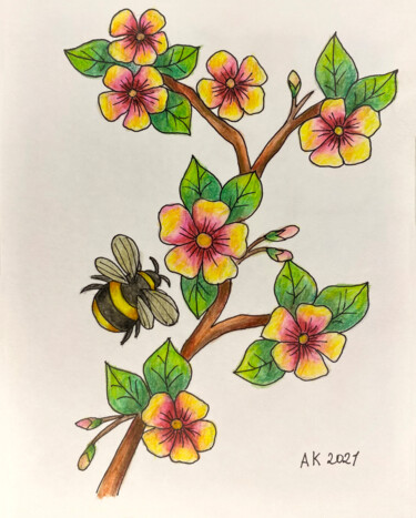 Painting titled "Bee" by Anastasia Kurganova, Original Artwork, Watercolor