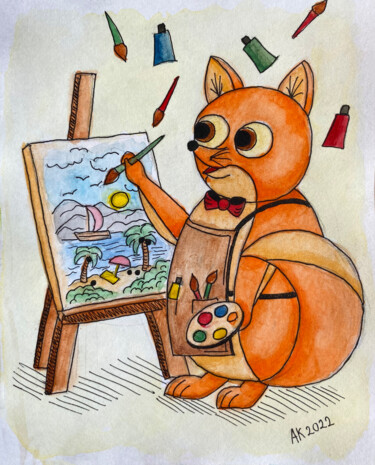 Schilderij getiteld "Fox Painter" door Anastasia Kurganova, Origineel Kunstwerk, Aquarel