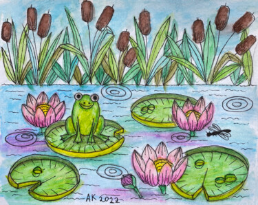 Schilderij getiteld "Frog Pond" door Anastasia Kurganova, Origineel Kunstwerk, Aquarel