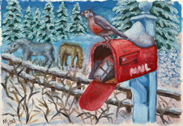 Schilderij getiteld "Winter Mail" door Anastasia Kurganova, Origineel Kunstwerk, Olie