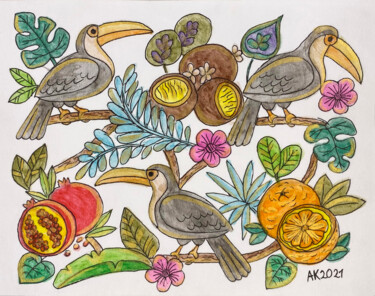 Painting titled "Fruits, Birds, Flow…" by Anastasia Kurganova, Original Artwork, Watercolor