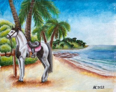 Painting titled "Horse Riding on the…" by Anastasia Kurganova, Original Artwork, Watercolor