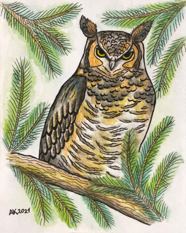 绘画 标题为“Owl” 由Anastasia Kurganova, 原创艺术品, 水彩