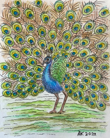 Pittura intitolato "Peacock Bird" da Anastasia Kurganova, Opera d'arte originale, Acquarello