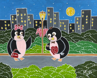 Schilderij getiteld "Penguin's Date Night" door Anastasia Kurganova, Origineel Kunstwerk, Gouache