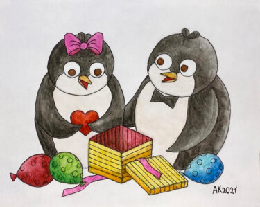 Schilderij getiteld "Penguin's Valentine…" door Anastasia Kurganova, Origineel Kunstwerk, Aquarel