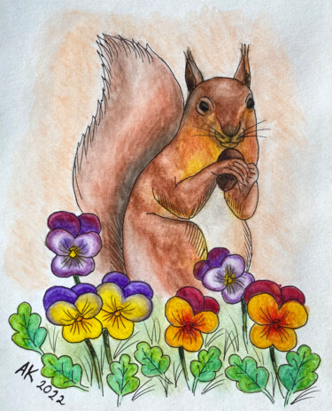 Schilderij getiteld "Squirrel & Violets" door Anastasia Kurganova, Origineel Kunstwerk, Aquarel