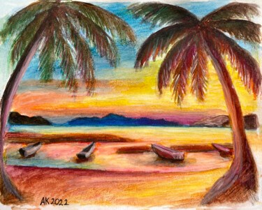 Painting titled "Tropical Evening" by Anastasia Kurganova, Original Artwork, Watercolor