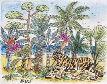 Pintura intitulada "Tropical Forest" por Anastasia Kurganova, Obras de arte originais, Aquarela