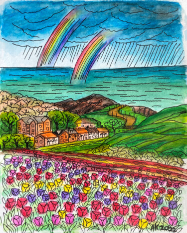 Painting titled "Tulip Valley" by Anastasia Kurganova, Original Artwork, Watercolor