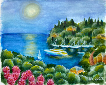 Pintura intitulada "Under the Moonlight" por Anastasia Kurganova, Obras de arte originais, Aquarela